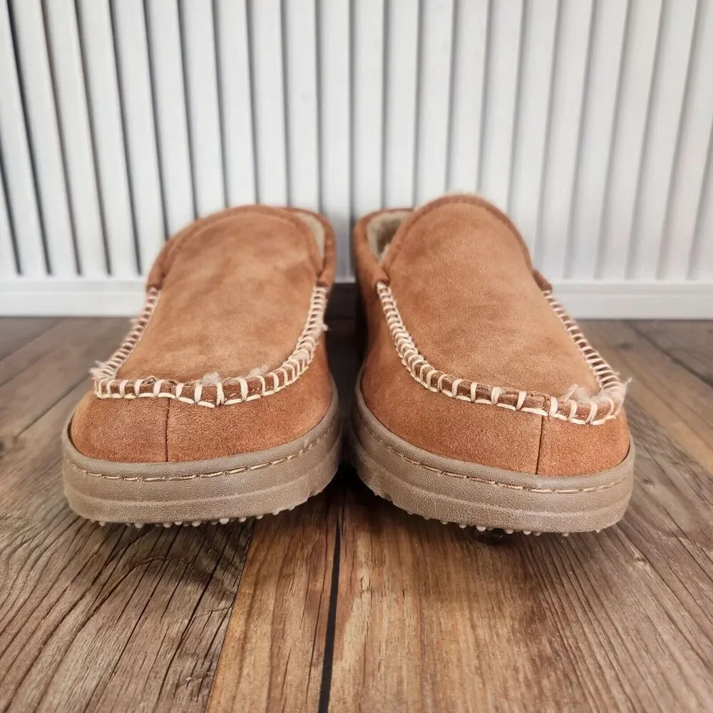 Eddie Bauer Loudon Men Sz 9.5 - 10.5 L Brown Suede Memory Foam Faux Fur Slippers